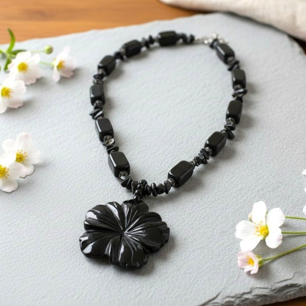 Vintage Black Necklace WIth Carved Black Flower